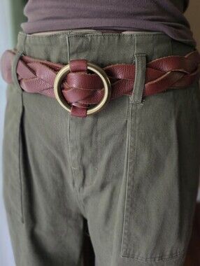 Fossil Braided Leather Belt 39" Vintage Boho Burgundy Red O-Ring Brass Buckle